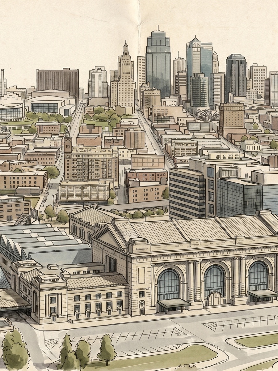 The Kansas City Relocation Guide — hand-illustrated editorial cover, Union Station with the downtown skyline rising behind, muted ink and watercolor on cream parchment